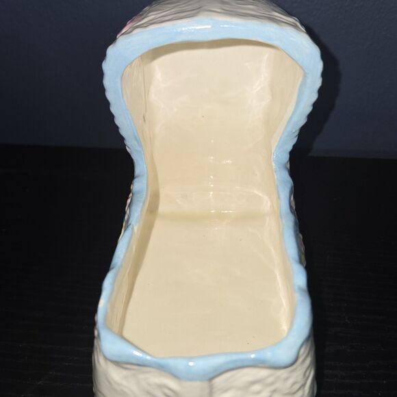 Vintage Ceramic Baby Cradle Planter Keepsake Pastel Pink Blue White And Yellow - Picture 5 of 8